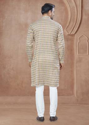 Light yellow heavy cotton with pintex work kurta pyjama for mens wear 2