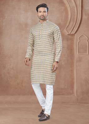 Light yellow heavy cotton with pintex work kurta pyjama for mens wear 3