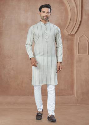 White heavy cotton with pintex work kurta pyjama for mens wear 1