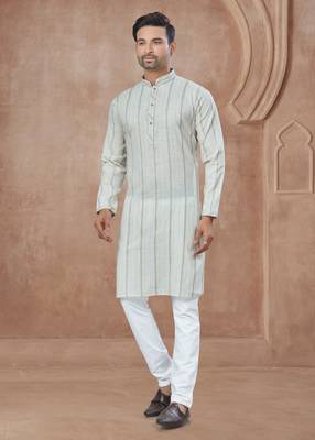 White heavy cotton with pintex work kurta pyjama for mens wear 3