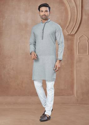 Grey heavy cotton with pintex work kurta pyjama for mens wear 1