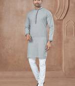 Grey heavy cotton with pintex work kurta pyjama for mens wear