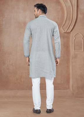 Grey heavy cotton with pintex work kurta pyjama for mens wear 2