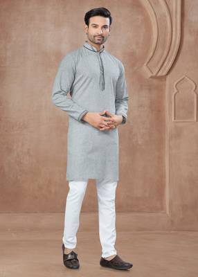 Grey heavy cotton with pintex work kurta pyjama for mens wear 3