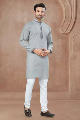 Grey heavy cotton with pintex work kurta pyjama for mens wear