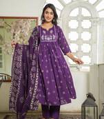 Purple Cotton cambric anarkali  kurti pant dupatta set