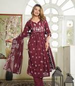 Maroon Cotton cambric anarkali  kurti pant dupatta set
