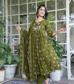 Olive Cotton cambric anarkali  kurti pant dupatta set
