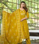 Mustard Cotton cambric anarkali  kurti pant dupatta set