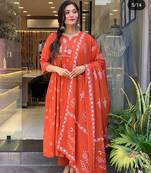 Red Cotton cambric anarkali  kurti pant dupatta set