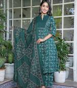 Teal Cotton a-line  kurti pant dupatta set