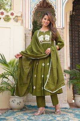 Green Cotton printed  anarkali kurti pant dupatta set 1