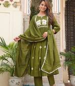 Green Cotton printed  anarkali kurti pant dupatta set