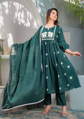 Teal Cotton printed  anarkali kurti pant dupatta set 1