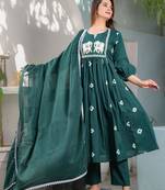 Teal Cotton printed  anarkali kurti pant dupatta set