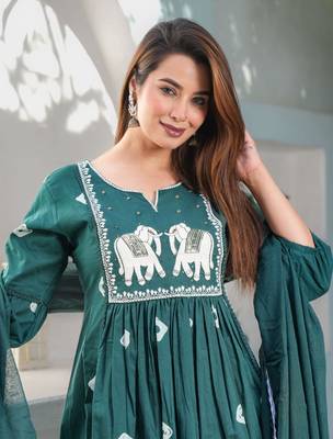 Teal Cotton printed  anarkali kurti pant dupatta set 2