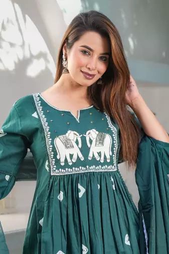 Teal Cotton printed  anarkali kurti pant dupatta set