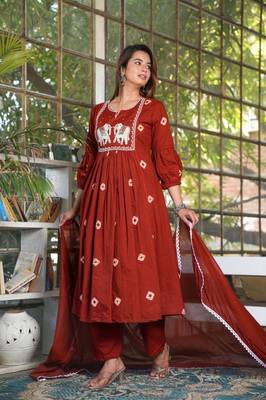 Red Cotton printed  anarkali kurti pant dupatta set 1