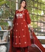 Red Cotton printed  anarkali kurti pant dupatta set