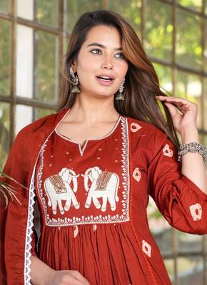 Red Cotton printed  anarkali kurti pant dupatta set 2