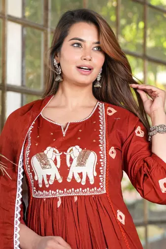 Red Cotton printed  anarkali kurti pant dupatta set