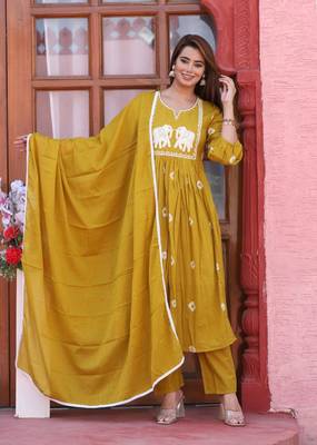 mustard Cotton printed  anarkali kurti pant dupatta set 1