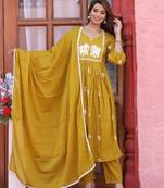 mustard Cotton printed  anarkali kurti pant dupatta set