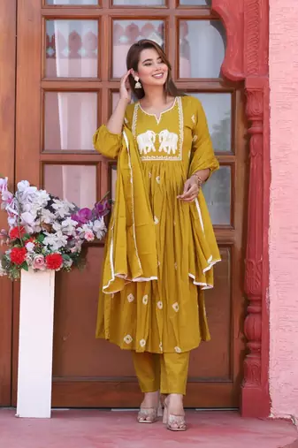 mustard Cotton printed  anarkali kurti pant dupatta set