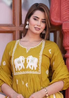 mustard Cotton printed  anarkali kurti pant dupatta set 3