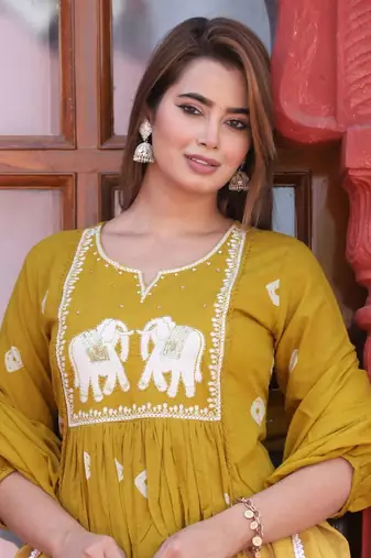 mustard Cotton printed  anarkali kurti pant dupatta set