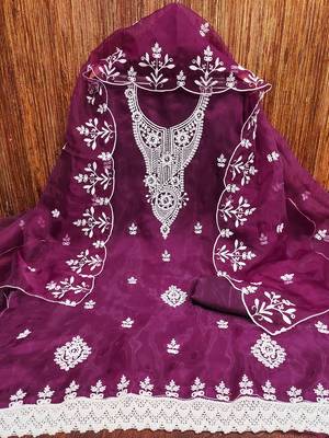 Wine powder organza suit set with intricate white thread embroidery 2