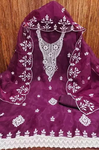 Wine powder organza suit set with intricate white thread embroidery