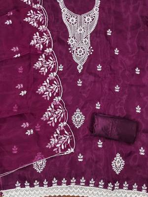 Wine powder organza suit set with intricate white thread embroidery 3