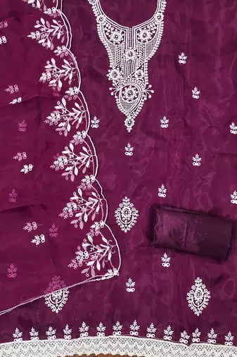 Wine powder organza suit set with intricate white thread embroidery