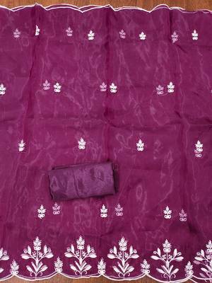 Wine powder organza suit set with intricate white thread embroidery 4