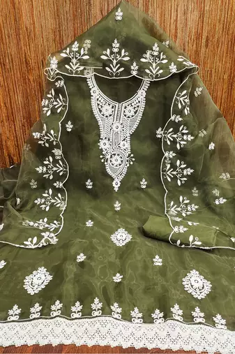 mehendi powder organza suit set with intricate white thread embroidery