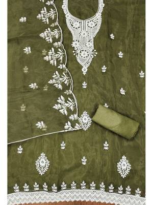 mehendi powder organza suit set with intricate white thread embroidery 3