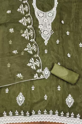 mehendi powder organza suit set with intricate white thread embroidery