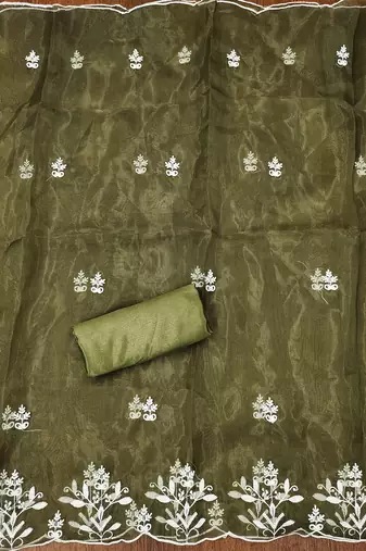 mehendi powder organza suit set with intricate white thread embroidery