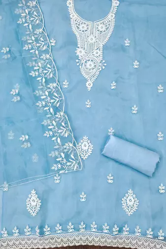 Blue powder organza suit set with intricate white thread embroidery