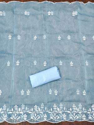 Blue powder organza suit set with intricate white thread embroidery 4