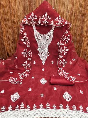 Red powder organza suit set with intricate white thread embroidery 2