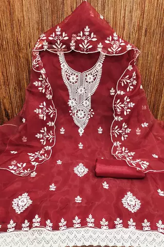 Red powder organza suit set with intricate white thread embroidery