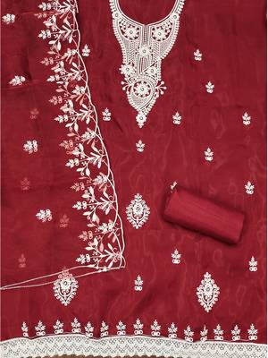 Red powder organza suit set with intricate white thread embroidery 3