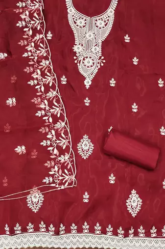 Red powder organza suit set with intricate white thread embroidery