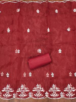 Red powder organza suit set with intricate white thread embroidery 4