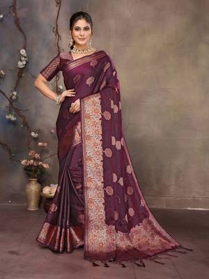 Magenta pink satin banarasi design saree with woven design border 1