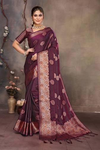 Magenta pink satin banarasi design saree with woven design border