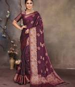 Magenta pink satin banarasi design saree with woven design border