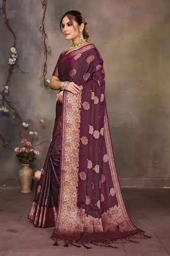 Magenta pink satin banarasi design saree with woven design border